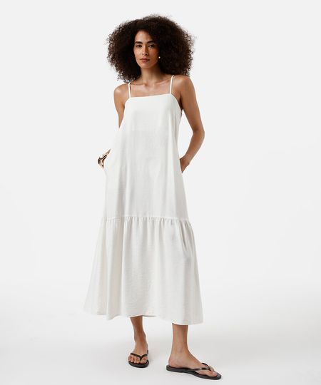 vestido midi feminino de viscose alça fina off white PP