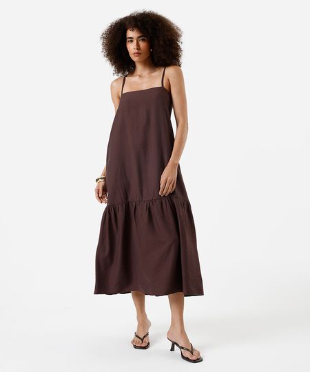 vestido midi feminino de viscose alça fina marrom PP vestido midi feminino de viscose alça fina marrom PP