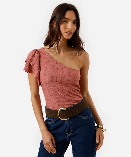 blusa ombro único feminina de laise com babados rosa M blusa ombro único feminina de laise com babados rosa M