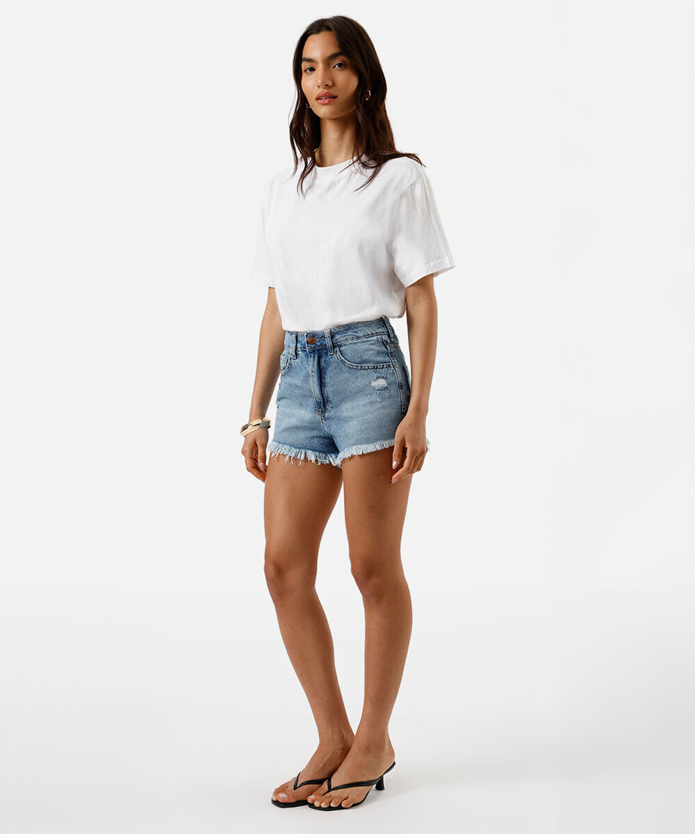 short curto feminino jeans destroyed azul