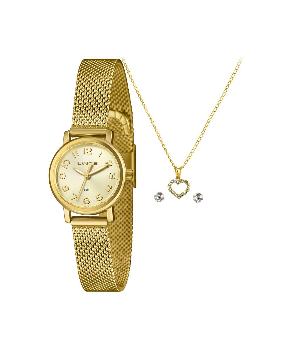 kit relógio feminino lince analógico lrgh272l25 kadpc2kx dourado