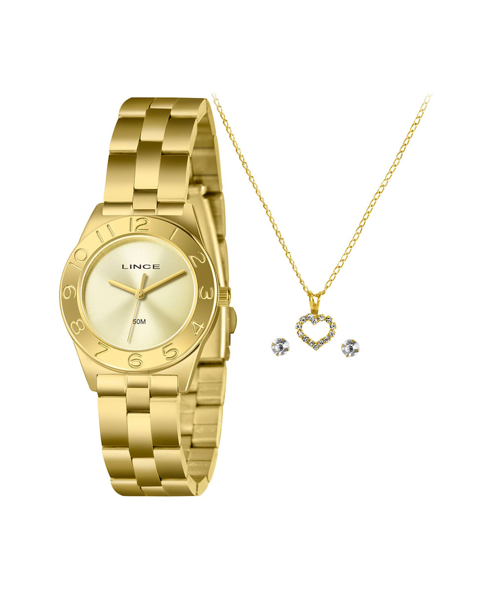 kit relógio feminino lince analógico lrgh263l32 kaczc1kx dourado