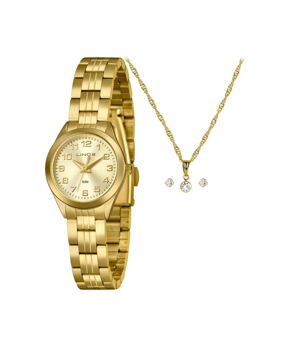 kit relógio feminino lince analógico lrgh267l25 kaccc2kx dourado