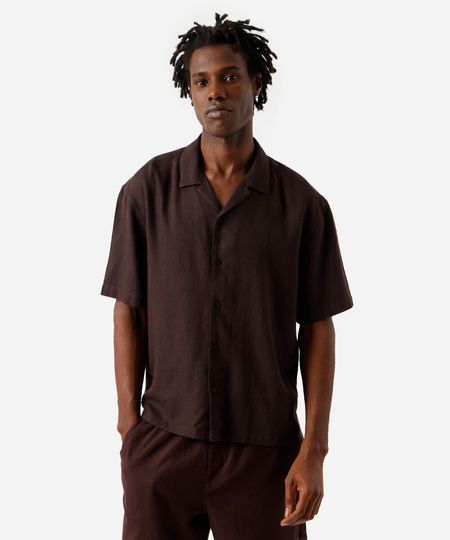 camisa box fit masculina com linho manga curta marrom G camisa box fit masculina com linho manga curta marrom G