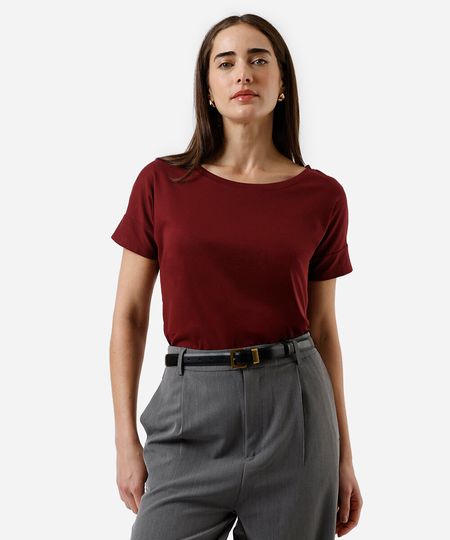 camiseta feminina de algodão peruano decote redondo vinho M
