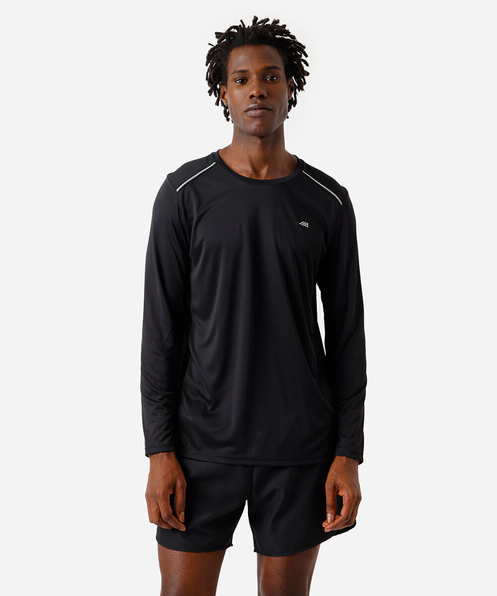camiseta masculina manga longa running ace preta