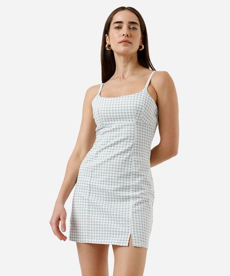 vestido curto alça fina feminino de sarja com fenda xadrez colorido M vestido curto alça fina feminino de sarja com fenda xadrez colorido M