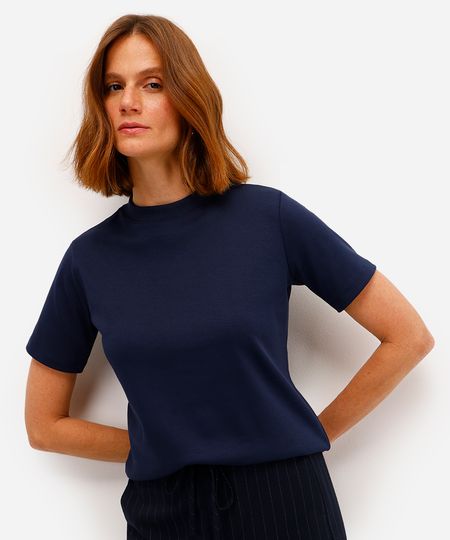 camiseta básica feminina de algodão peruano azul G camiseta básica feminina de algodão peruano azul G