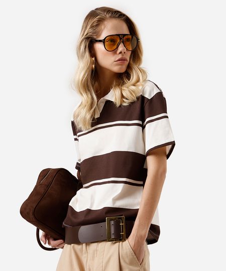 polo feminina com algodão listrada off white M polo feminina com algodão listrada off white M