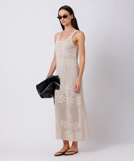 vestido midi feminino de tricot floral mindset bege PP vestido midi feminino de tricot floral mindset bege PP