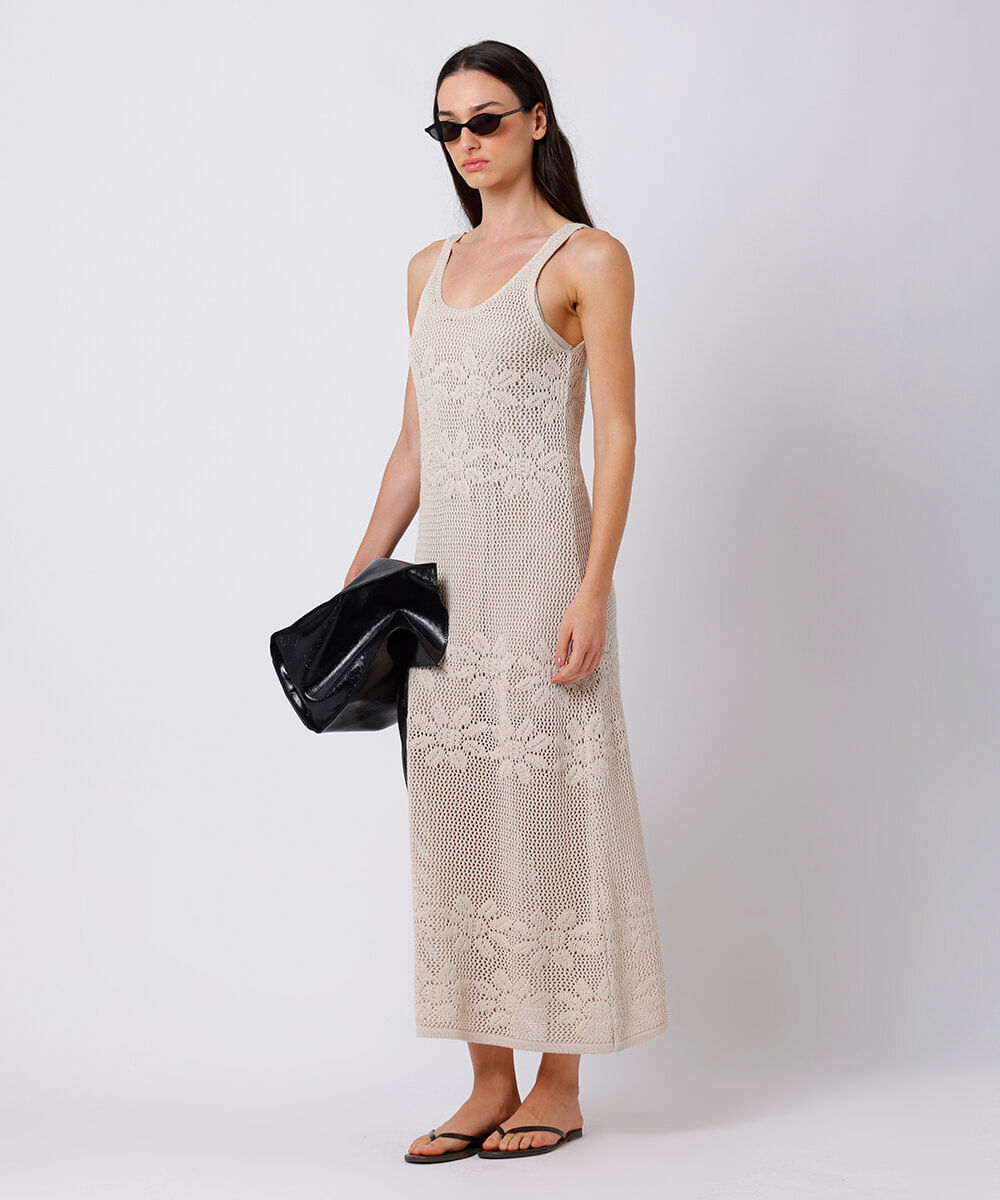 vestido midi feminino de tricot floral mindset bege
