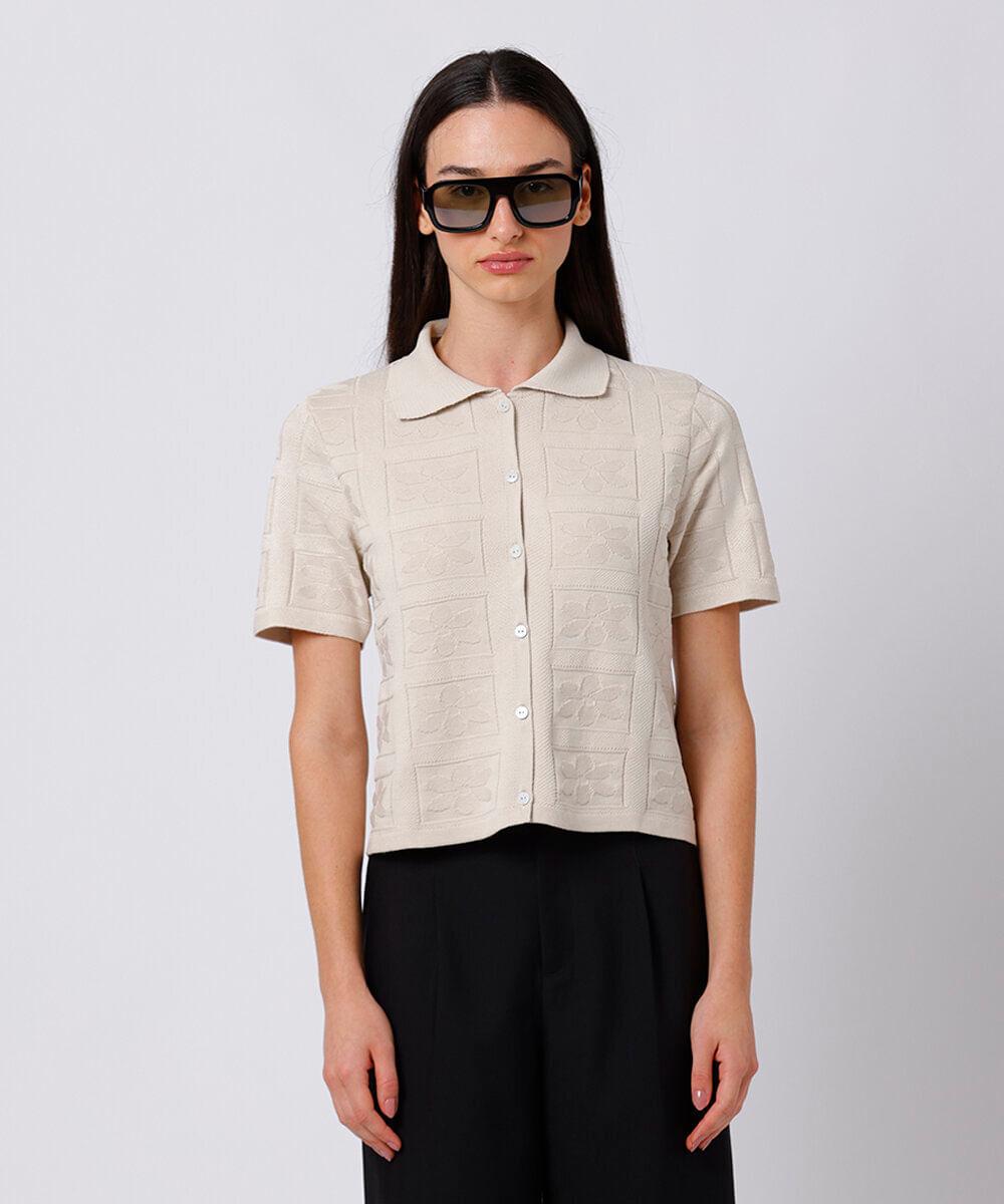 camisa feminina de tricot floral mindset bege