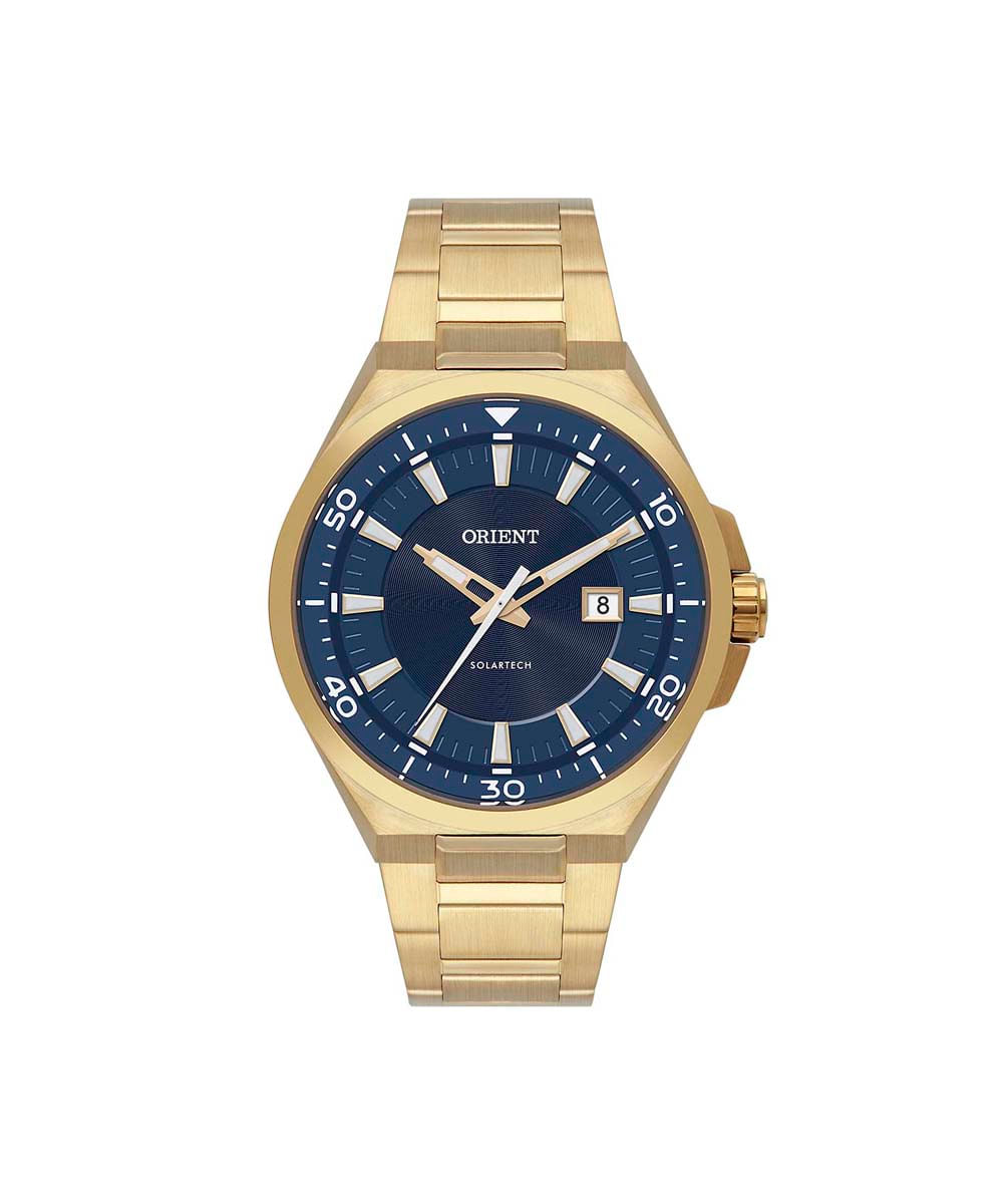 relógio masculino orient solartech analógico calendário mgss1294 d1kx dourado