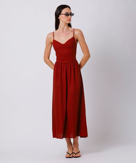 vestido mdi alça fina feminino com linho decote coração mindset vermelho G vestido mdi alça fina feminino com linho decote coração mindset vermelho G