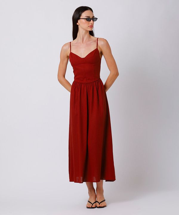 vestido mdi alça fina feminino com linho decote coração mindset vermelho P