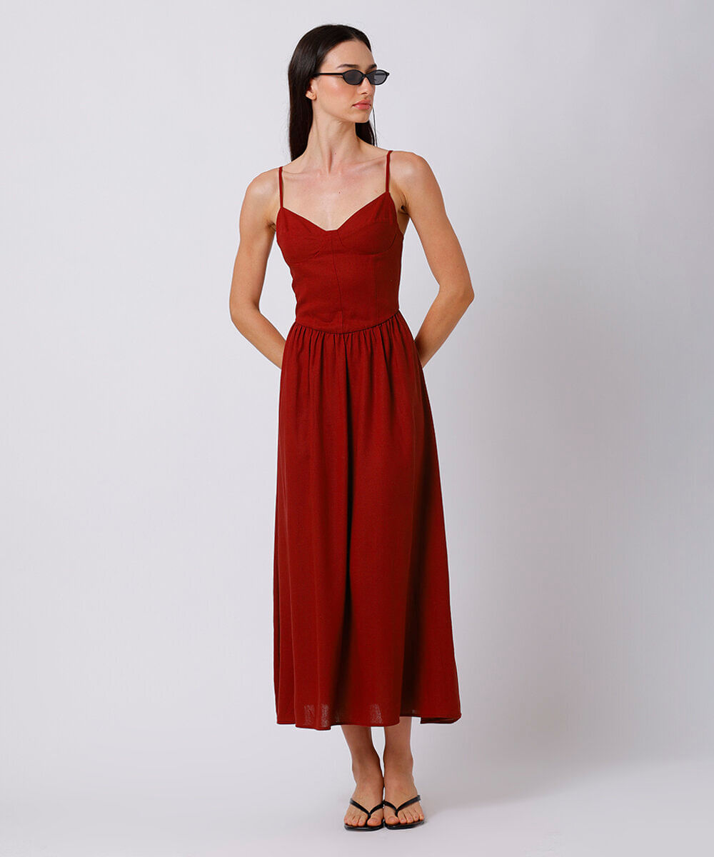 vestido mdi alça fina feminino com linho decote coração mindset vermelho