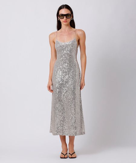 vestido midi alça fina feminino de paetê mindset prateado G vestido midi alça fina feminino de paetê mindset prateado G