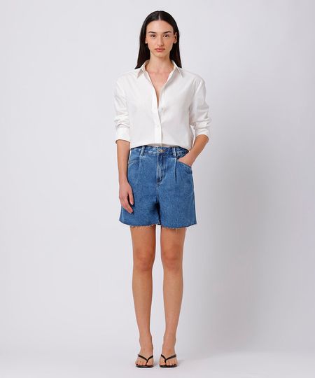 short feminino jeans com pregas e barra a fio mindset azul 46 short feminino jeans com pregas e barra a fio mindset azul 46