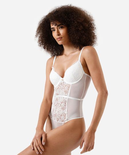 body feminino de tule com bojo e recorte de renda off white 40