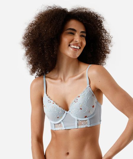 sutiã meia taça com bordado floral azul 46