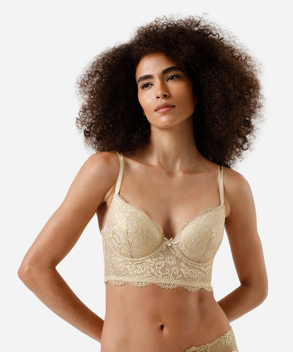 sutiã cropped meia taça com renda amarelo