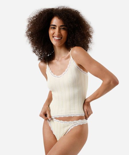 kit de regata e calcinha feminino com renda canelado amarelo P