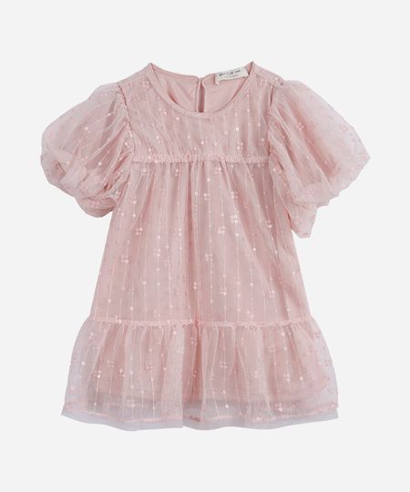 vestido infantil de tule com bordado manga bufante rosa 3