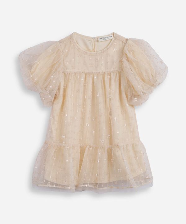 vestido infantil de tule com bordado manga bufante bege 4