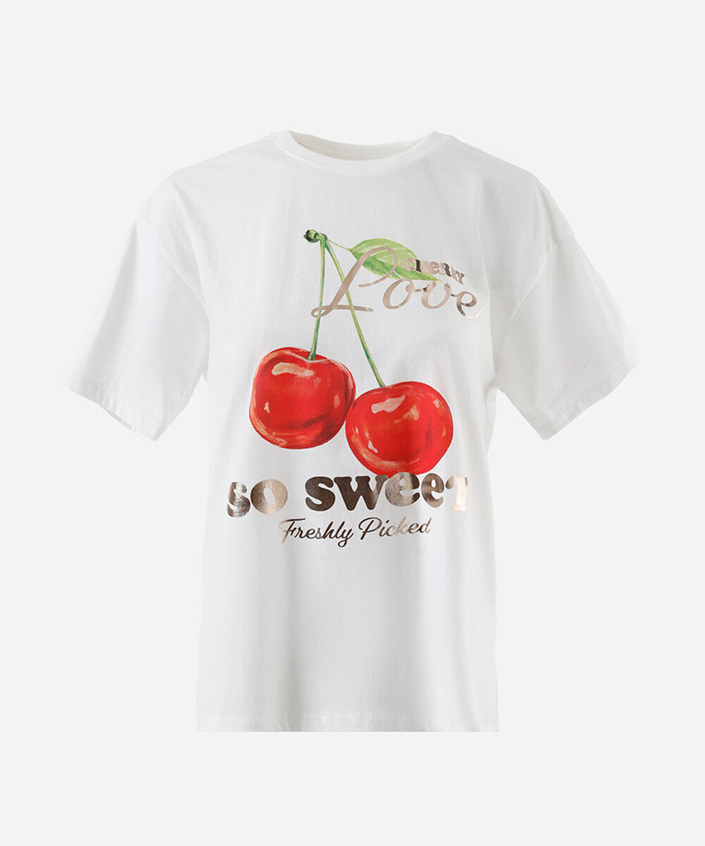 camiseta juvenil de algodão cereja oversized off white