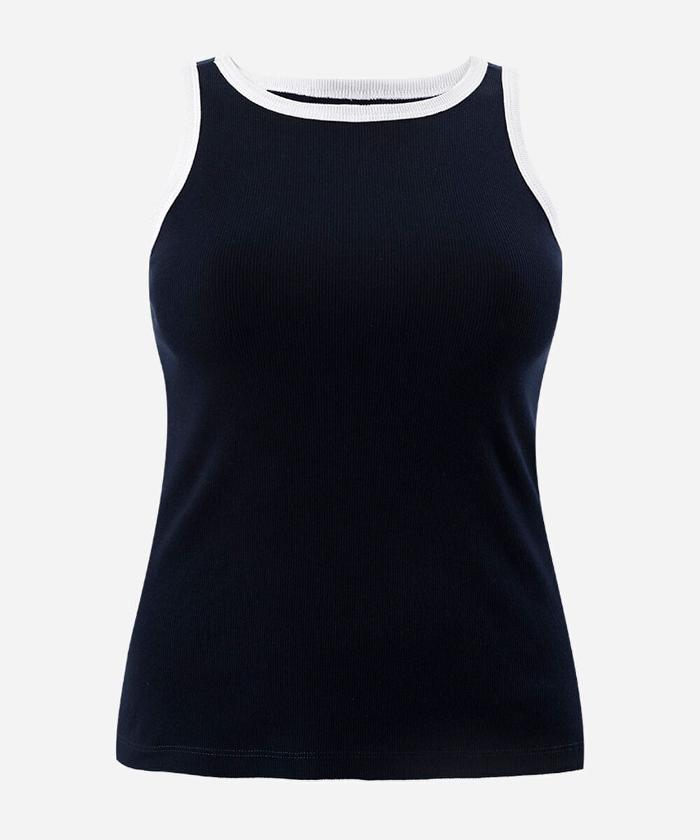 regata feminina plus size de algodão canelada azul