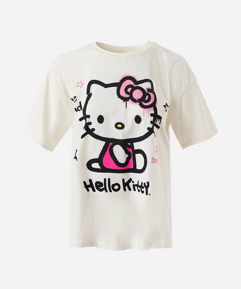 camiseta de algodão juvenil manga curta hello kitty bege