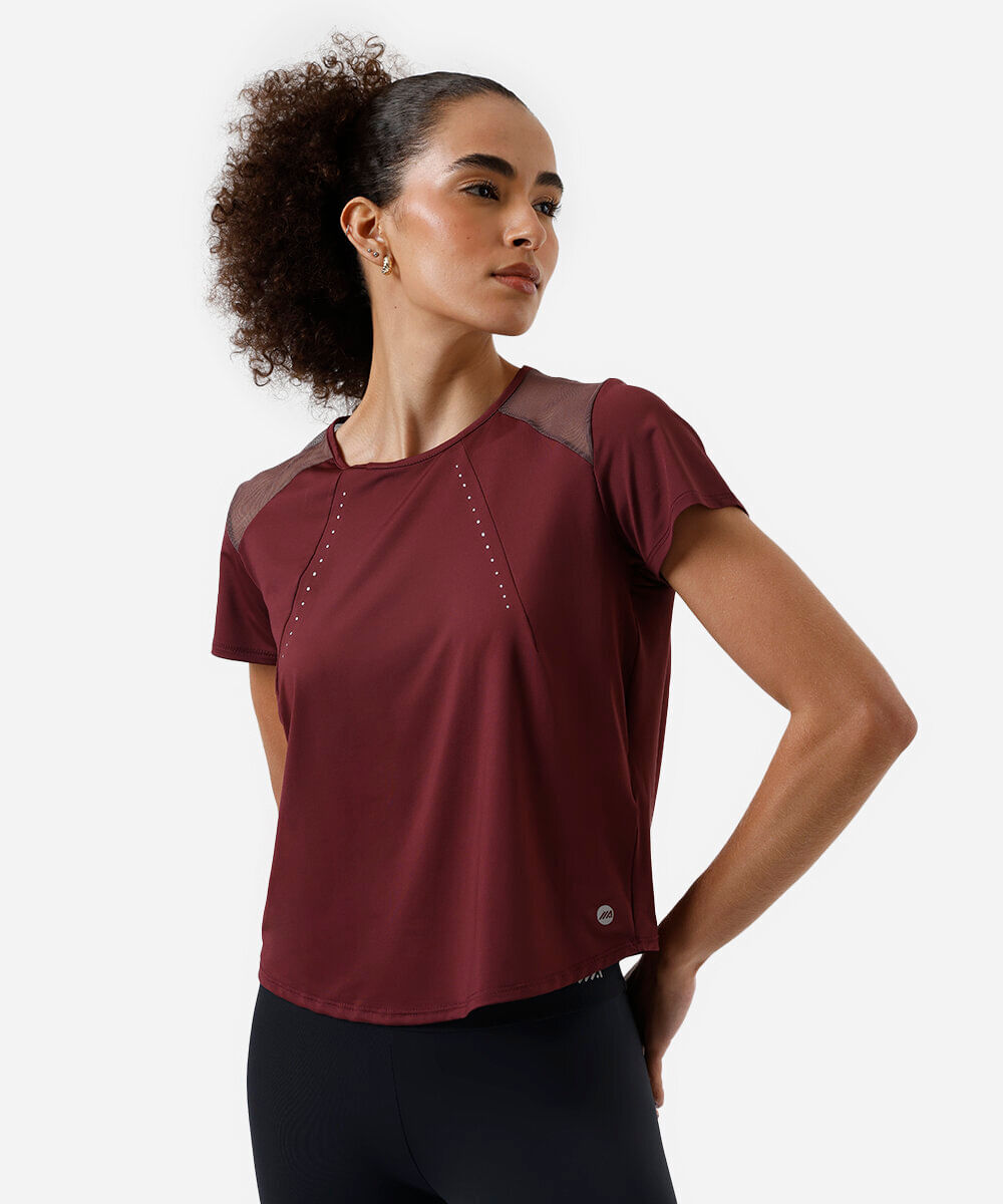 camiseta feminina esportiva ace com recorte em tule vinho