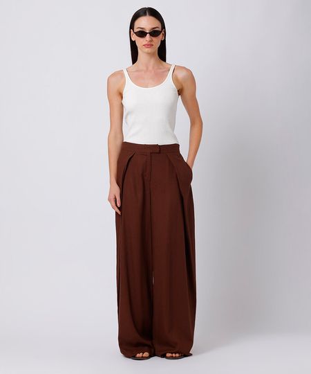 calça wide leg feminina com linho e pregas mindset marrom 40 calça wide leg feminina com linho e pregas mindset marrom 40