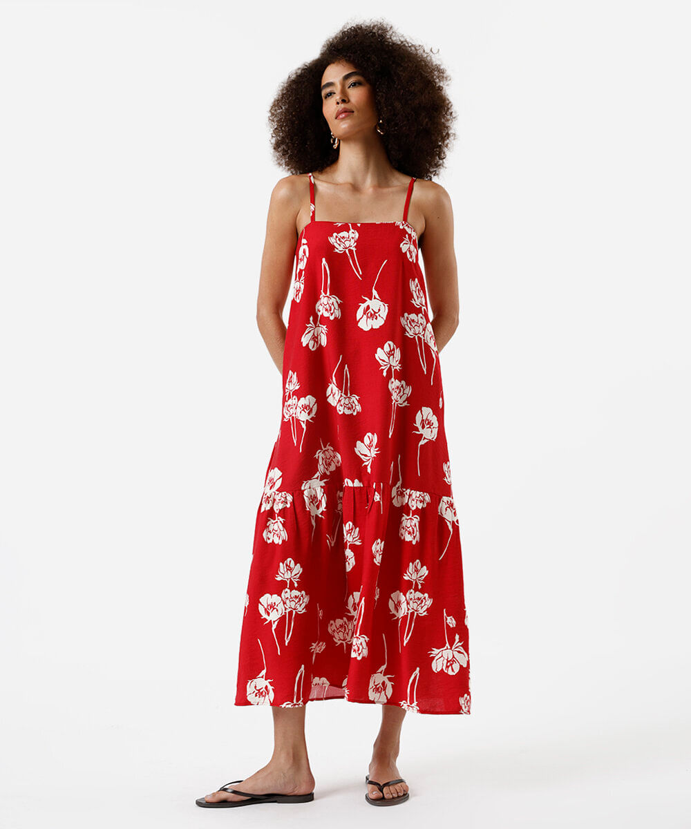 vestido midi feminino de viscose floral vermelho