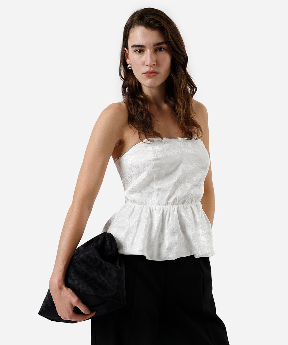 blusa peplum sem alça feminina floral acetinada off white