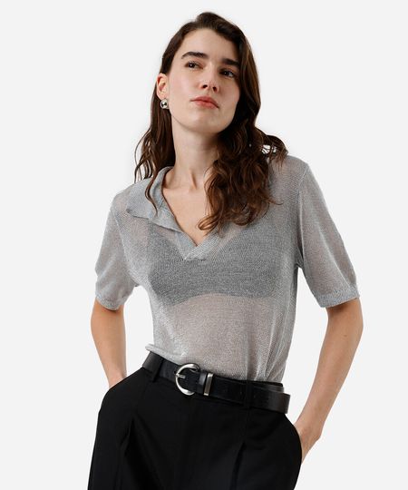 polo feminina de tricot com lurex prateada GG
