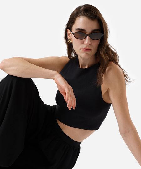 cropped básico feminino de algodão canelado preto P cropped básico feminino de algodão canelado preto P