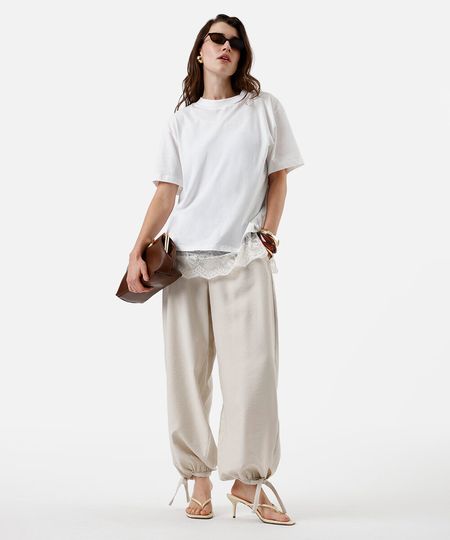 calça aladim feminina com viscose e amarração bege 36 calça aladim feminina com viscose e amarração bege 36