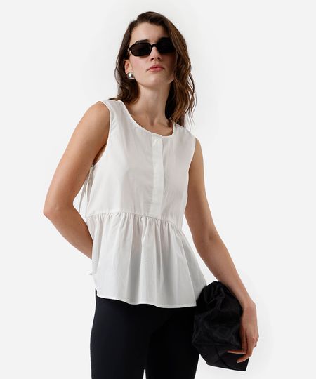 blusa feminina de algodão com recorte e amarração off white G blusa feminina de algodão com recorte e amarração off white G