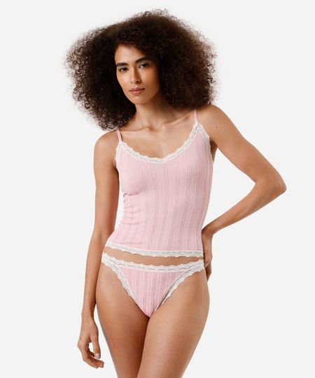 kit de regata e calcinha feminino com renda canelado rosa GG