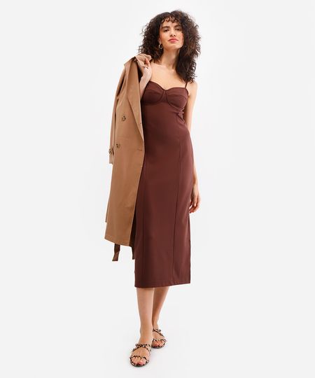 vestido midi feminino decote coração com fenda marrom PP