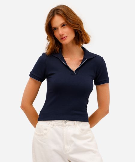 polo feminina de algodão manga curta canelada azul PP