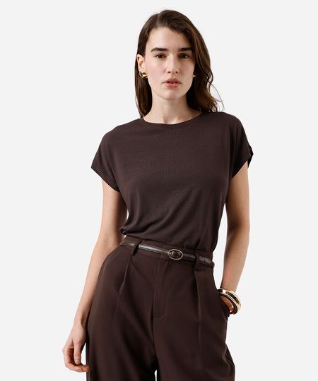 blusa feminina de viscose decote redondo marrom GG