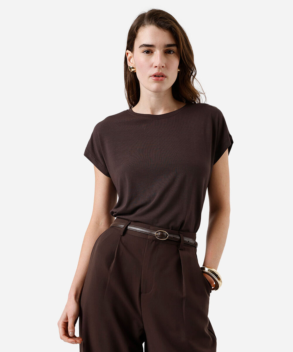blusa feminina de viscose decote redondo marrom