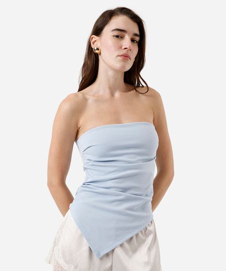 blusa sem alça feminina com viscose franzida assimétrica azul P blusa sem alça feminina com viscose franzida assimétrica azul P