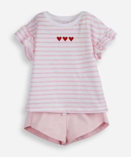 conjunto curto infantil de algodão listrado rosa 1
