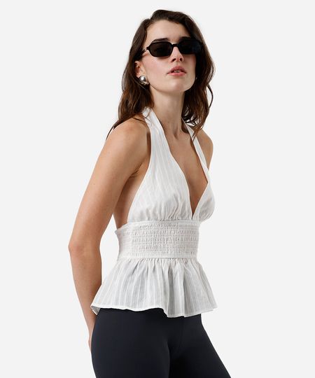 blusa frente única feminina de algodão franzida texturizada off white PP blusa frente única feminina de algodão franzida texturizada off white PP