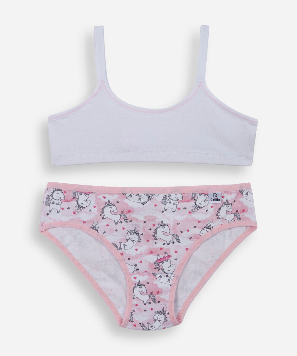 conjunto de calcinha e sutiã infantil em algodão delrio branco