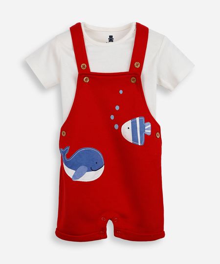 jardineira infantil com algodão bordada vermelha 12-18 jardineira infantil com algodão bordada vermelha 12-18