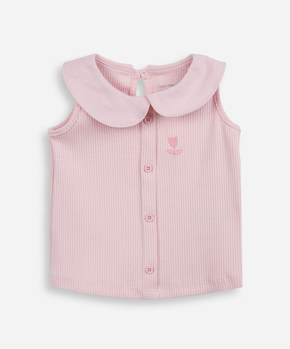 regata infantil de algodão com gola canelada rosa